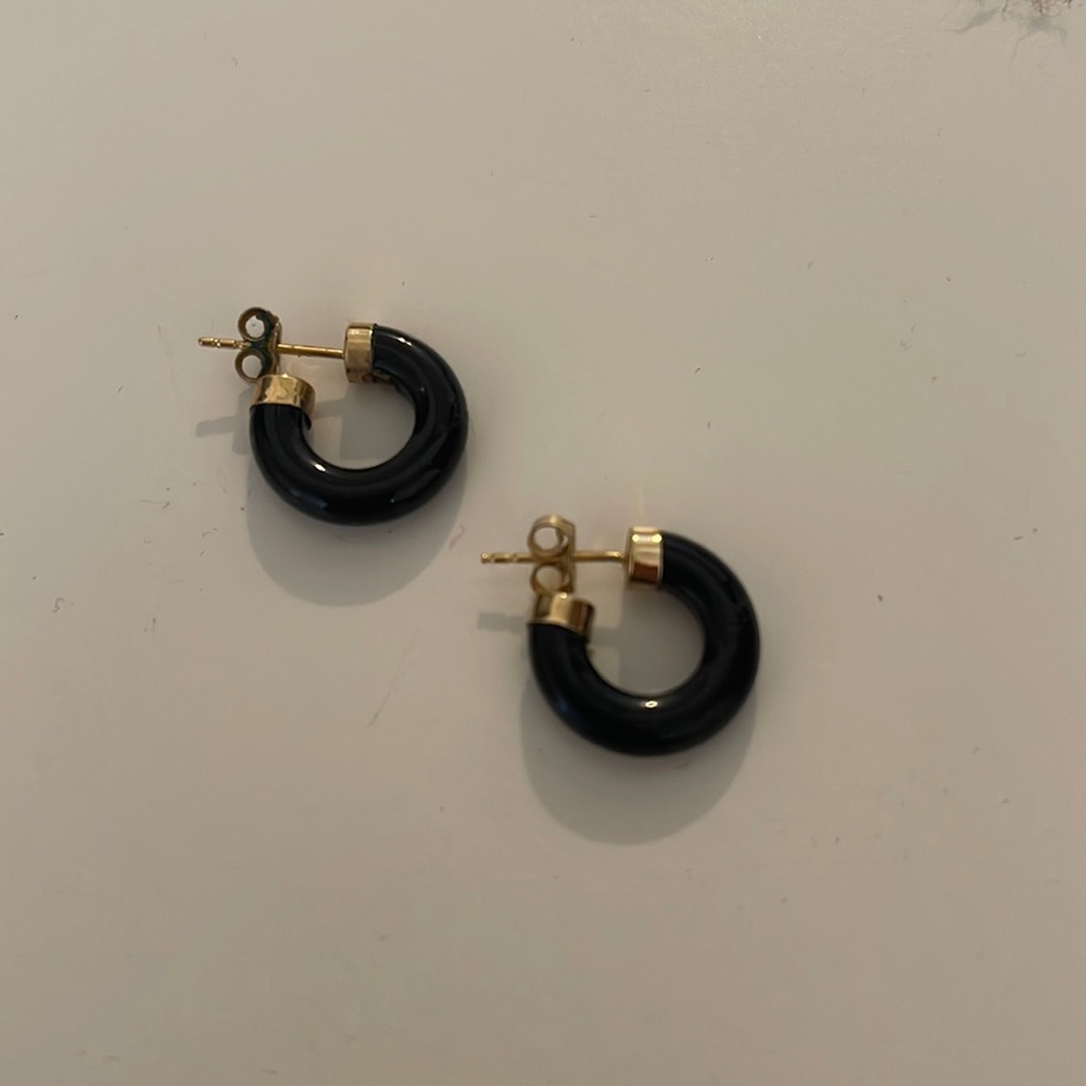 Black and gold huggie hoop stud earrings